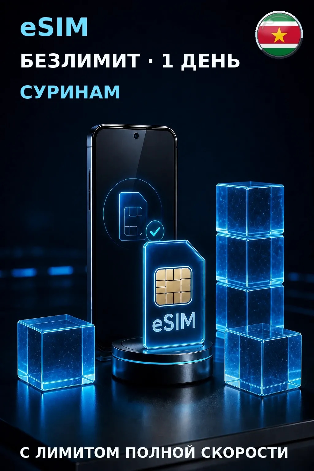 eSIM Суринам — БЕЗЛИМИТ, 1 день — интернет